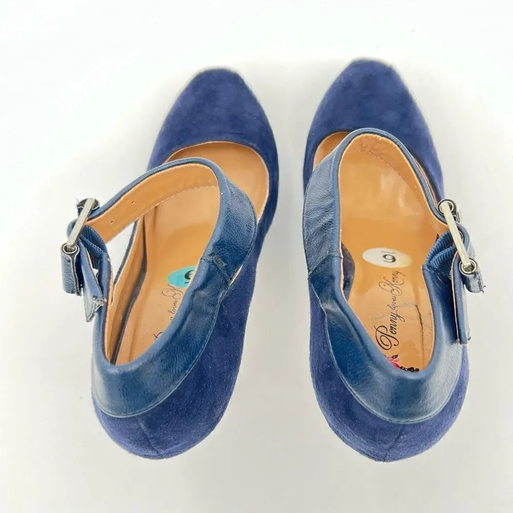 Penny Loves Kenny Royal Blue Faux Suede Shoes Sz 6 Womens Strap Heels Platform
